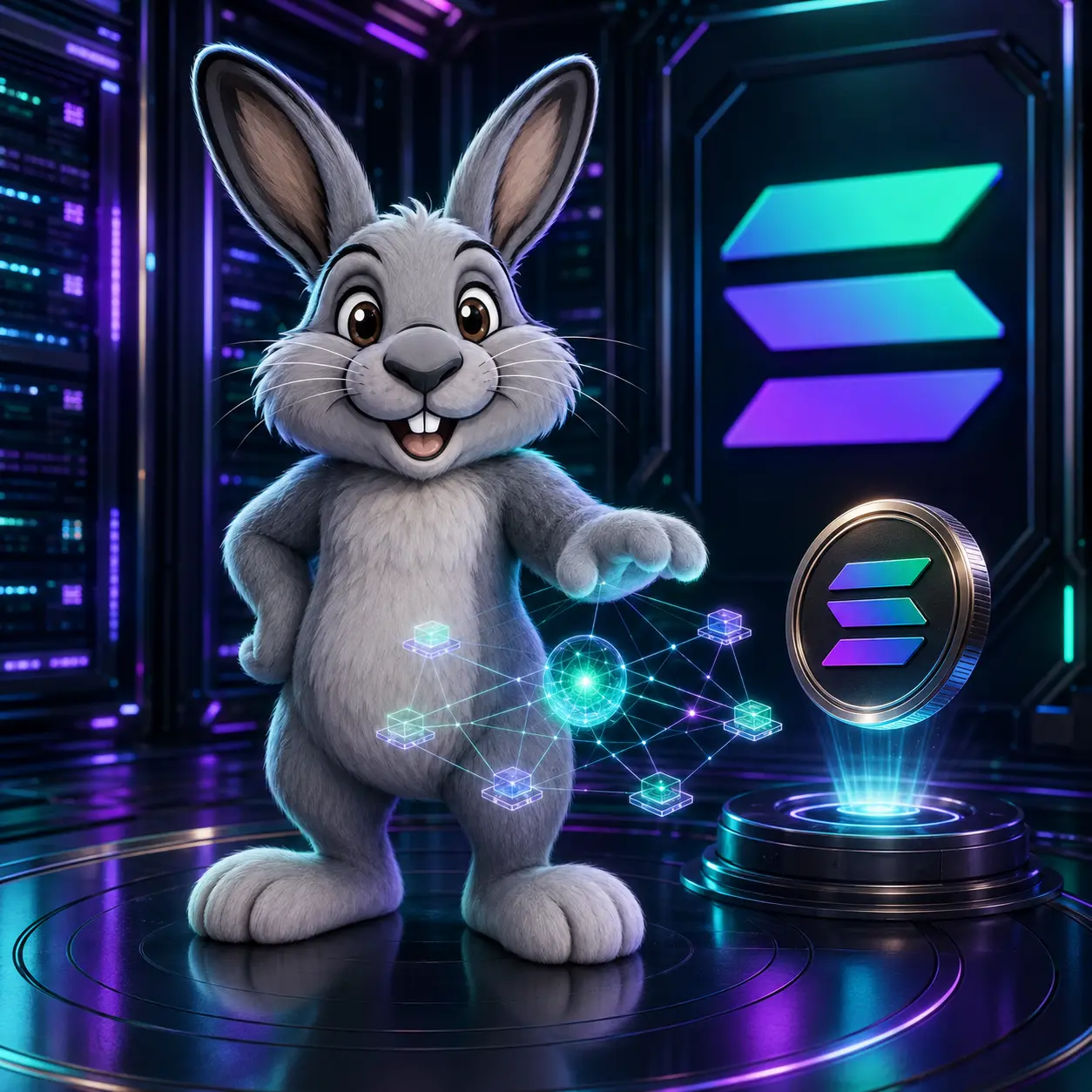 Steve in a data center with a Solana coin