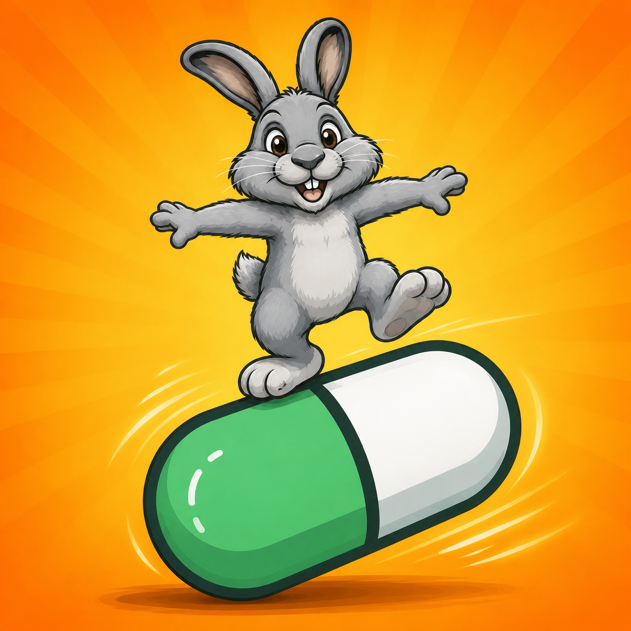 Steve the rabbit balancing on a green and white pill