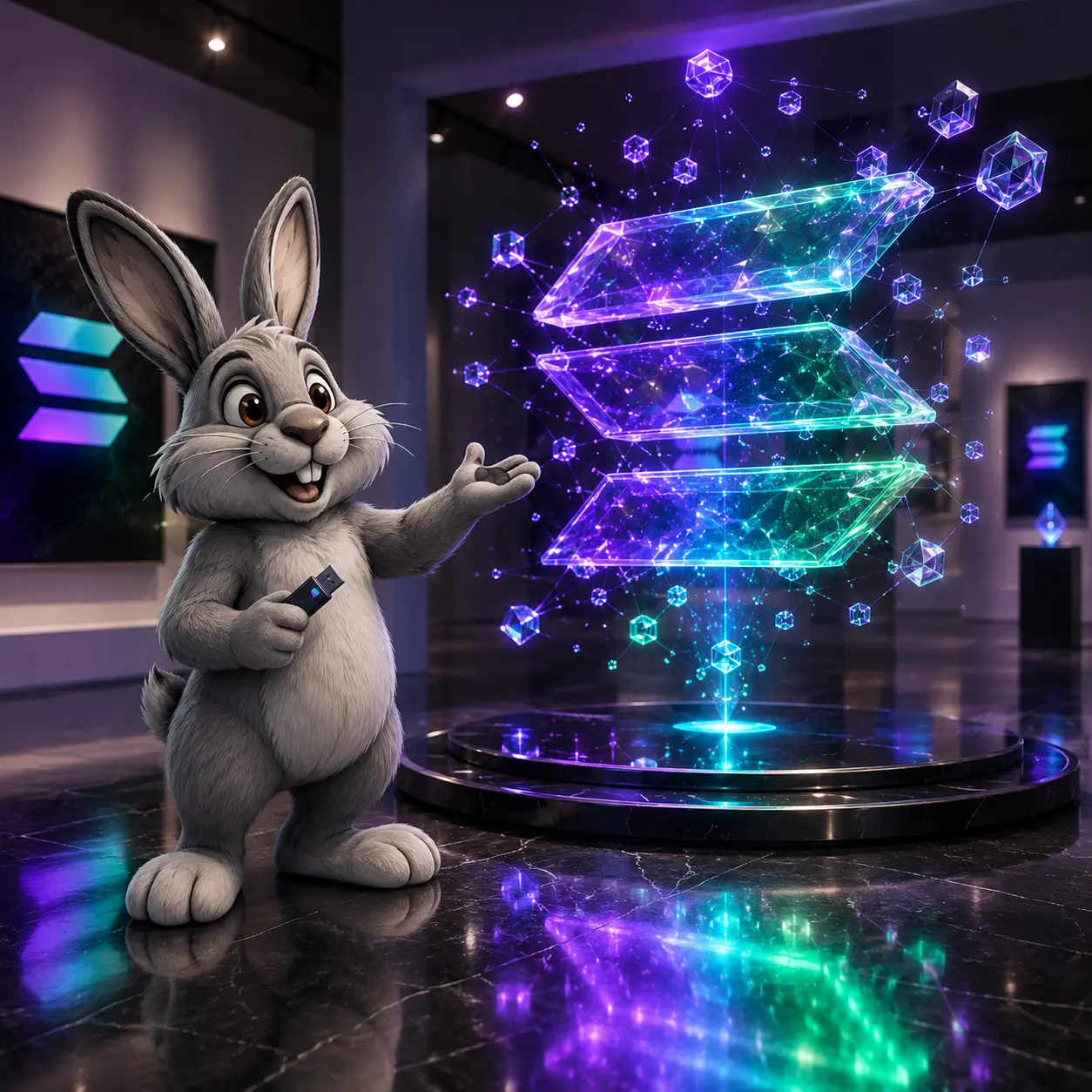 Steve presenting a holographic Solana logo