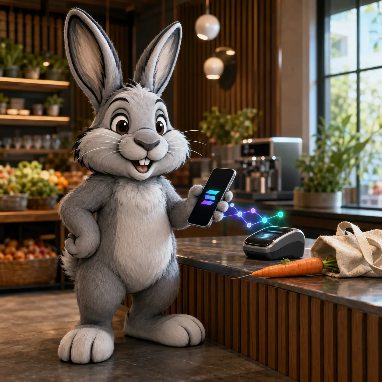 Steve paying with Solana at a shop counter