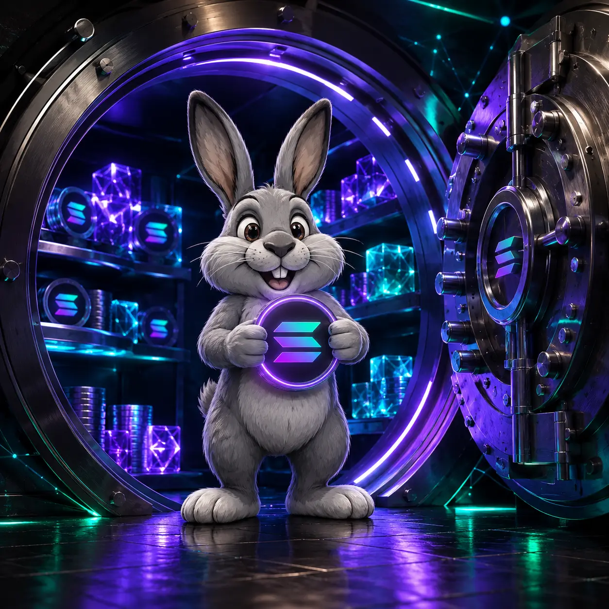 Steve holding a Solana coin inside a vault
