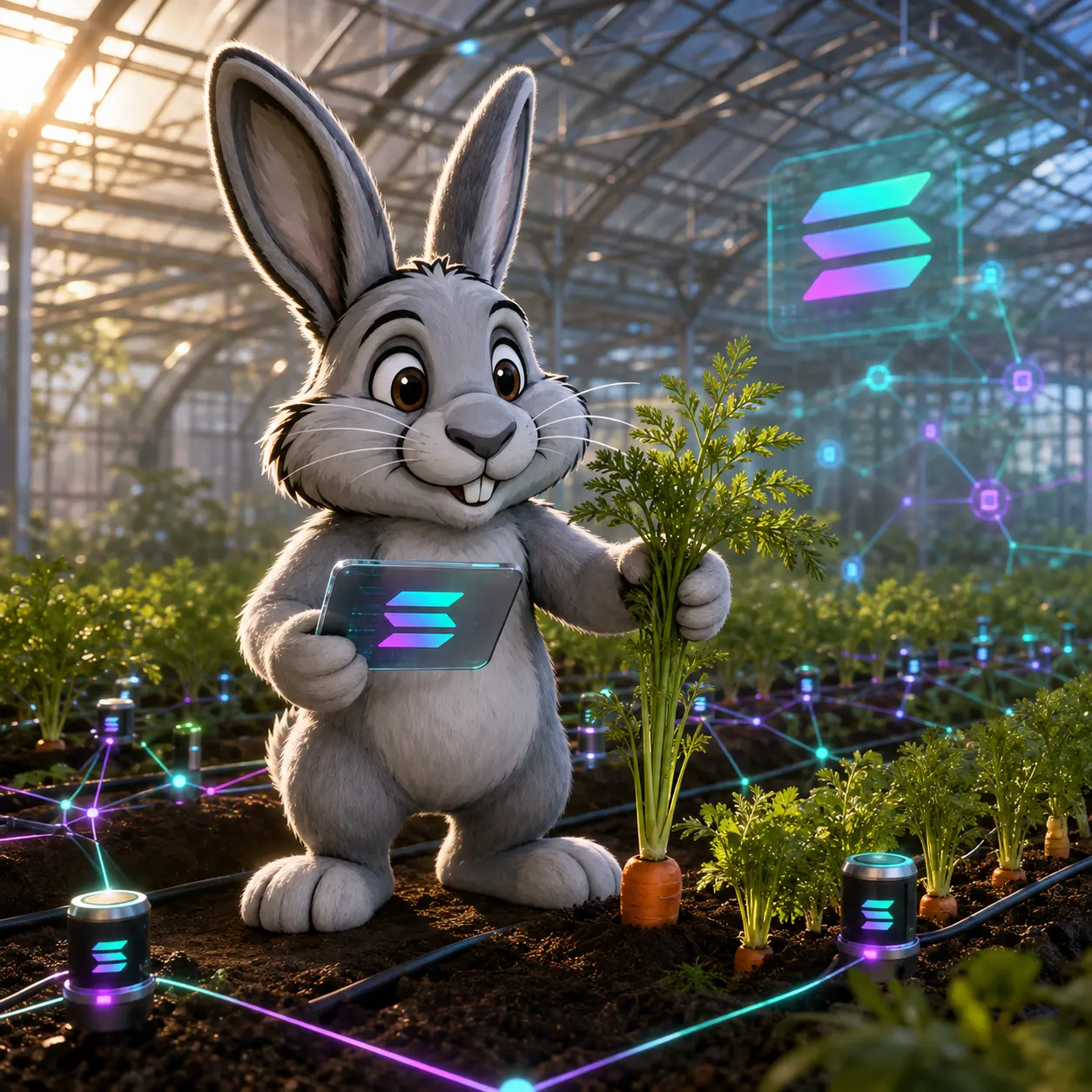 Steve farming carrots in a Solana greenhouse