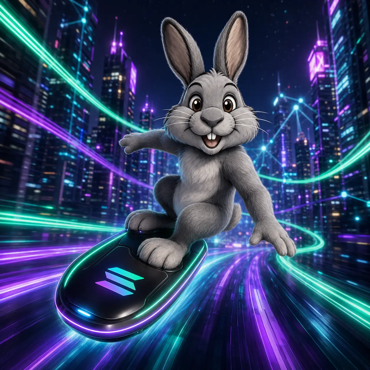 Steve hoverboarding through a neon city